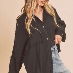 BDG (Urban Outfitters) Black Button-Down Shirt with Raw Edges